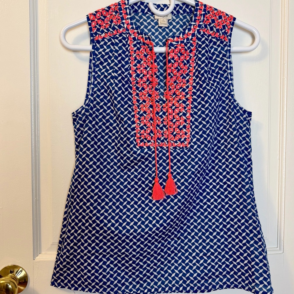 J. Crew Sleeveless Cotton Blue & White Patterned Top with Orange Embroidery, 2P